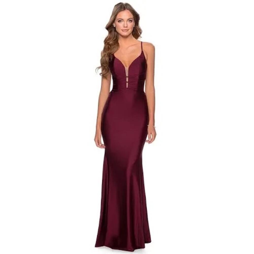La Femme Burgundy Satin Gown Pleated Waist Prom Formal Dress Size 0